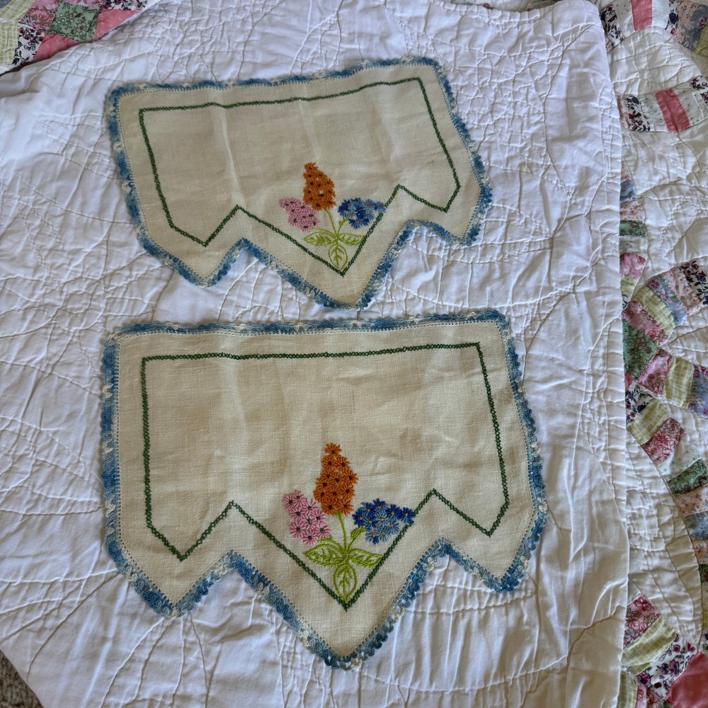 Vintage Hand Embroidered Floral Dresser Scarfs Blue Crocheted Trim Grandmacore